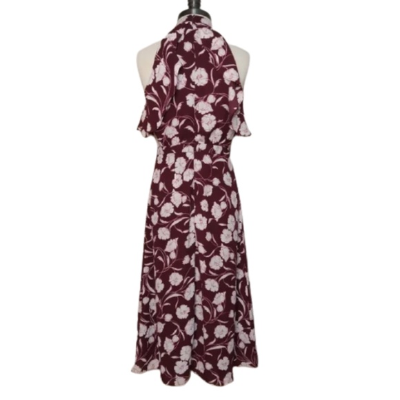 LC LAUREN CONRAD RUNWAY COLLECTION Dress Midi Floral Halter Ruffle Wine 2 12 - Picture 5 of 7